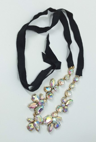 J.CREW Iridescent Crystal Necklace Flower Rhinestone Black Tie Ribbon Versatile - Picture 11 of 16