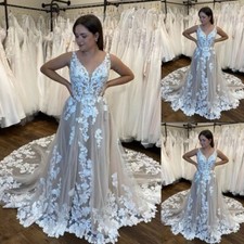 Light Champagne Lace Appliques Wedding Dresses Court Train Boho A Line Gowns