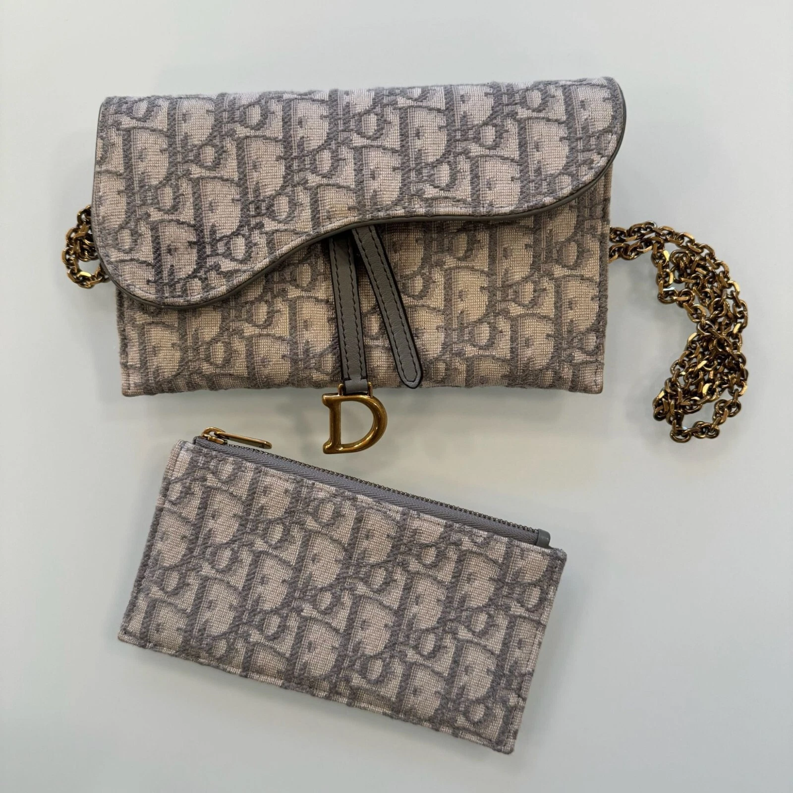 Portefeuille long gris chaîne selle oblique Christian Dior