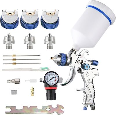 HVLP Gravity Feed Air Spray Gun w/ Nozzles 600cc w/ Gauge for Auto Paint, Primer