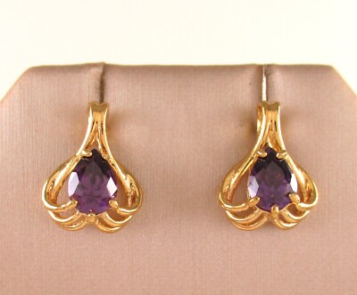 Yellow Gold on .925 Sterling Silver Purple Ice Earrings Dressy Formal Pear Cut