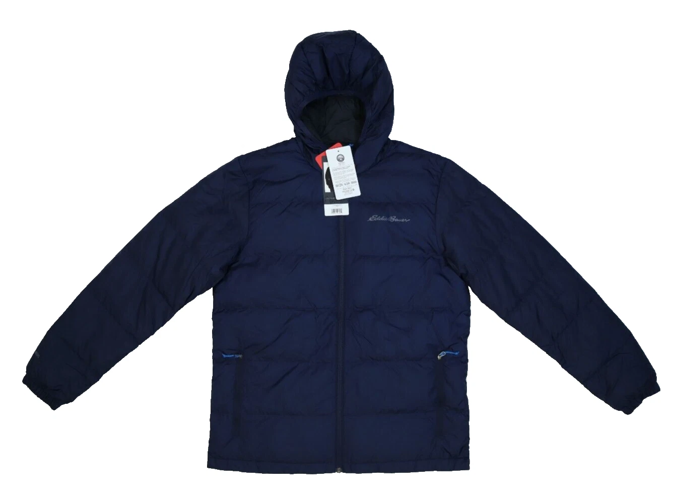 Eddie Bauer Wide Channel Hooded Down Jacket Full Zip Navy Blue Coat Mens Medium