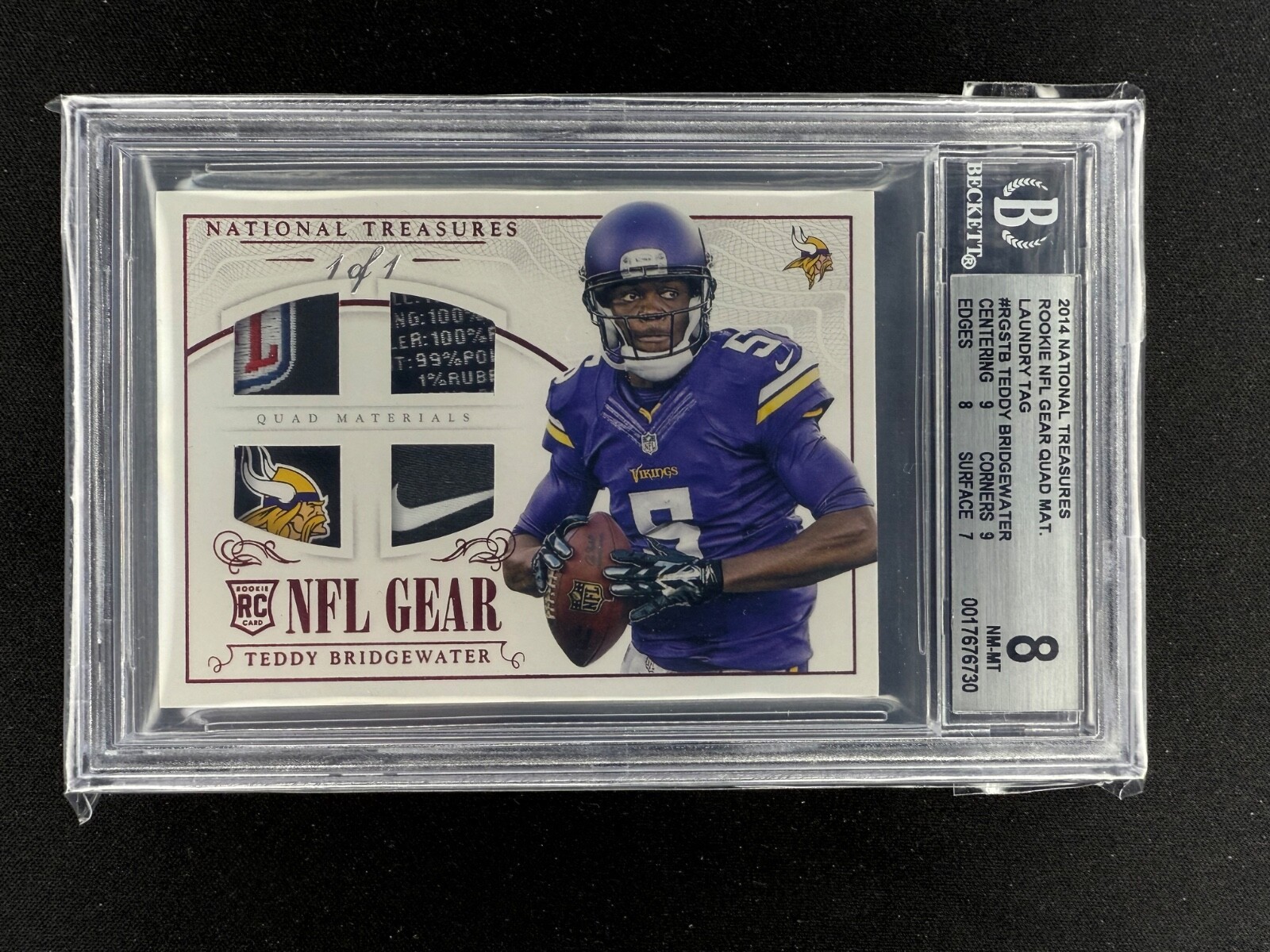 Teddy Bridgewater Panini National Treasures Rookie NFL Gear Quad Materials #TB Laundry Tag