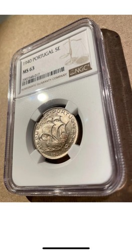 1940 Portugal 5 Escudos NGC MS 63 - Silver - Only 24 In Higher Grades! - Picture 2 of 4