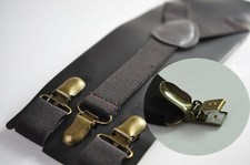 Dark Brown Coffee Chocolate Elastic Suspenders Braces with Bronze Metal Clips