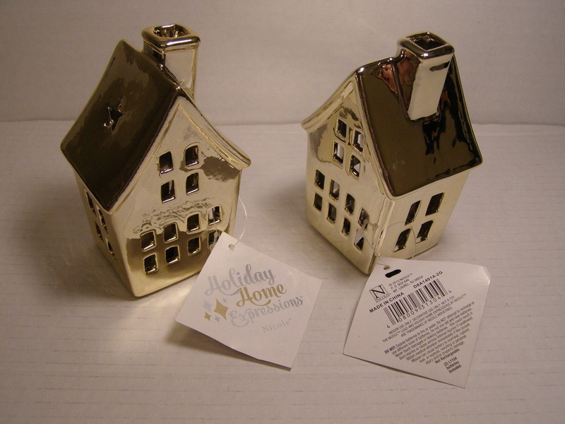 Pair of Holiday Home gold Light Up Ceramic Christmas Houses, 4.25”x2.5”x2” NWTS