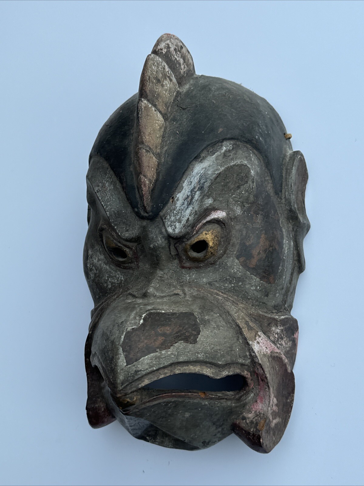 ANTIQUE JAPANESE SIGNED MASK PAINTING CARVING THEATRE MANBIRD FACE HEAD RELIC