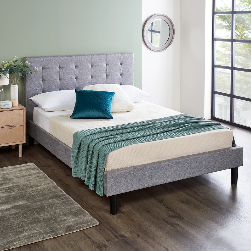 Double Bed Frame Grey With Legs Strong Upholstered Bed & Pocket Sprung Mattress