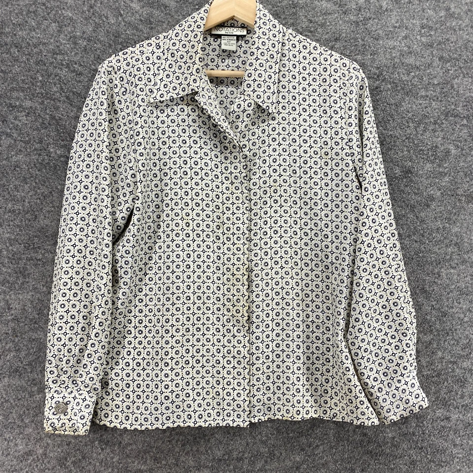 Notations Shirt Women 8P Petite Beige Geometric Button Up Collared Long Sleeve - Image 4 of 4
