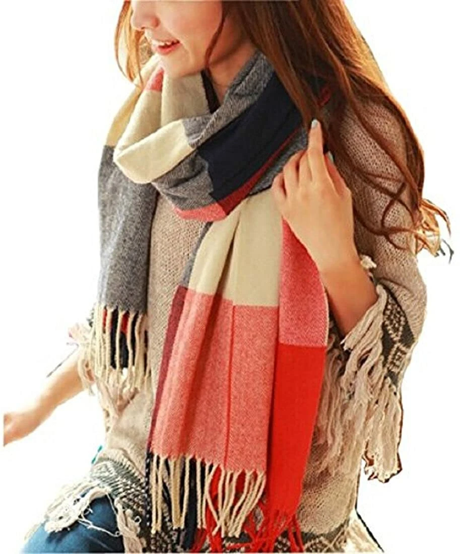 Wander Agio Women's Fashion Long Shawl Big Grid Winter Warm Lattice Large  Scarf