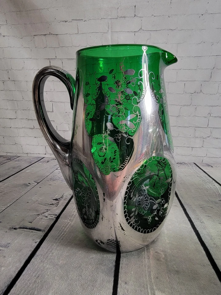 ANTIGUO Juego de Jarra de Agua de Vidrio Artístico Pellizcado con Superposición de Plata de Ley Foto 4 de 4