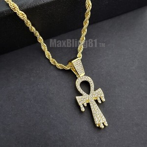 Authentic Gold Plated Alloy Cubic Zirconia Ankh Necklace & 18" Iced Cuban & Tennis chain