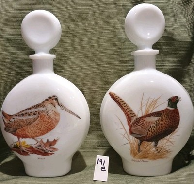 2 Vintage J.W. Dant Milk Glass Decanters From Field Bird Series With Stoppers