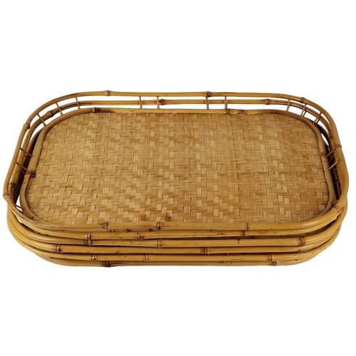 Vintage 5 Rattan Serving Trays, Party TV Set, Tiki Bar Bamboo, Mid-Century MCM