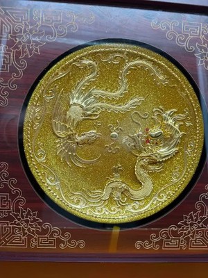24K金メッキ ドラゴン彫刻 平皿 Dragon & Phoenix 24K Gold Plate Chinese Mainstream Sculpture w
