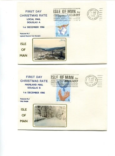 Isle of Man 1986 First day Xmas postage rate covers, UK & IOM, cancelled Douglas
