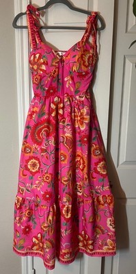 Women's Flying Tomato Floral Tie Strap Midi Dress Pink Boho Tiered - Medium