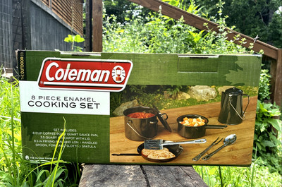 Coleman 8 Piece Camping Enamel Cooking Set Coffee Pot, Frying Pan, Stockpot +Lid