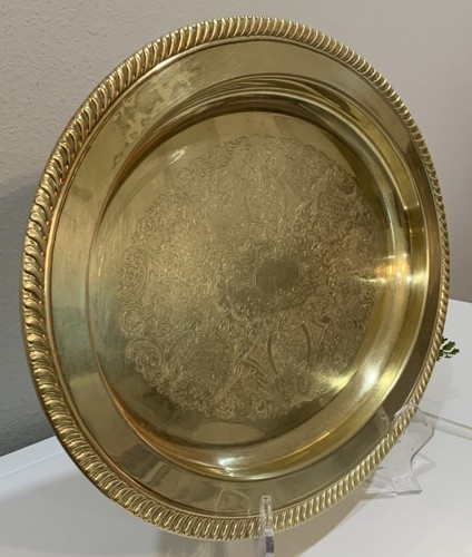 Vtg Solid Brass Etched Floral Botanical Ribbed Edge Oval Platter Serving Tray - Picture 2 of 8