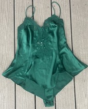 90  s VTG Victoria  s Secret Emerald Green Satin Lace Teddy Bodysuit L Snap