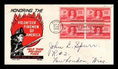 Dr Jim Stamps FDc 3c Volunteer Firemen Tercentenary Block Cachet Craft Ken Boll