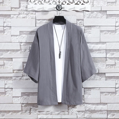 Men Casual Kimono Jacket Coat Tops 3/4 Sleeve Cotton Linen Japanese Cardigan Top - Bild 11 von 23