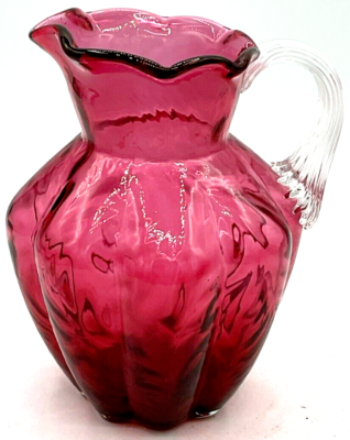 Fenton Cranberry Art Glass Pitcher Small Melon Fern Optic Reed