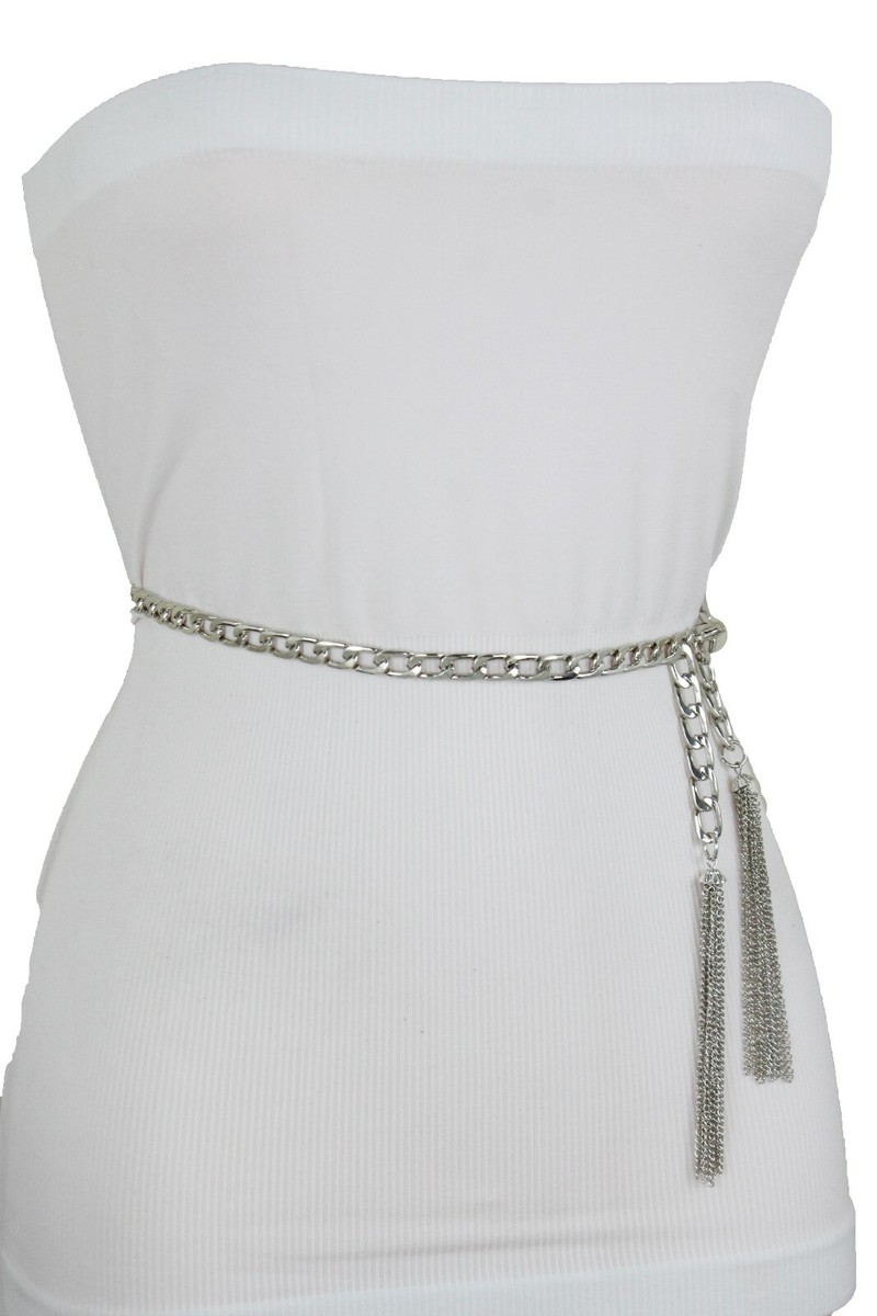 Donna Stretto Metallo Argento Catena Moda Cintura Lungo Frange Nappa Fibbia XL Donna Stretto Metallo Argento Catena Moda Cintura Lungo Frange Nappa Fibbia XL
