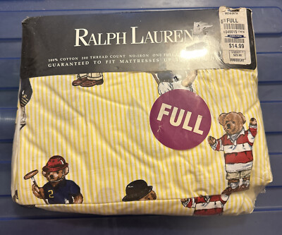 Ralph Lauren Teddy FULL Deep Fitted Sheet Polo Bear Yellow Stripe NEW Vintage