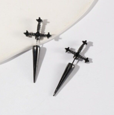 Gothic Sword Cool Punk Dagger Earrings Black With Black Crystal