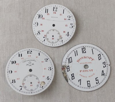 Konvolut 3 Zifferblätter Taschenuhr, Zenith, Roskopf System, Stoppuhr MMM