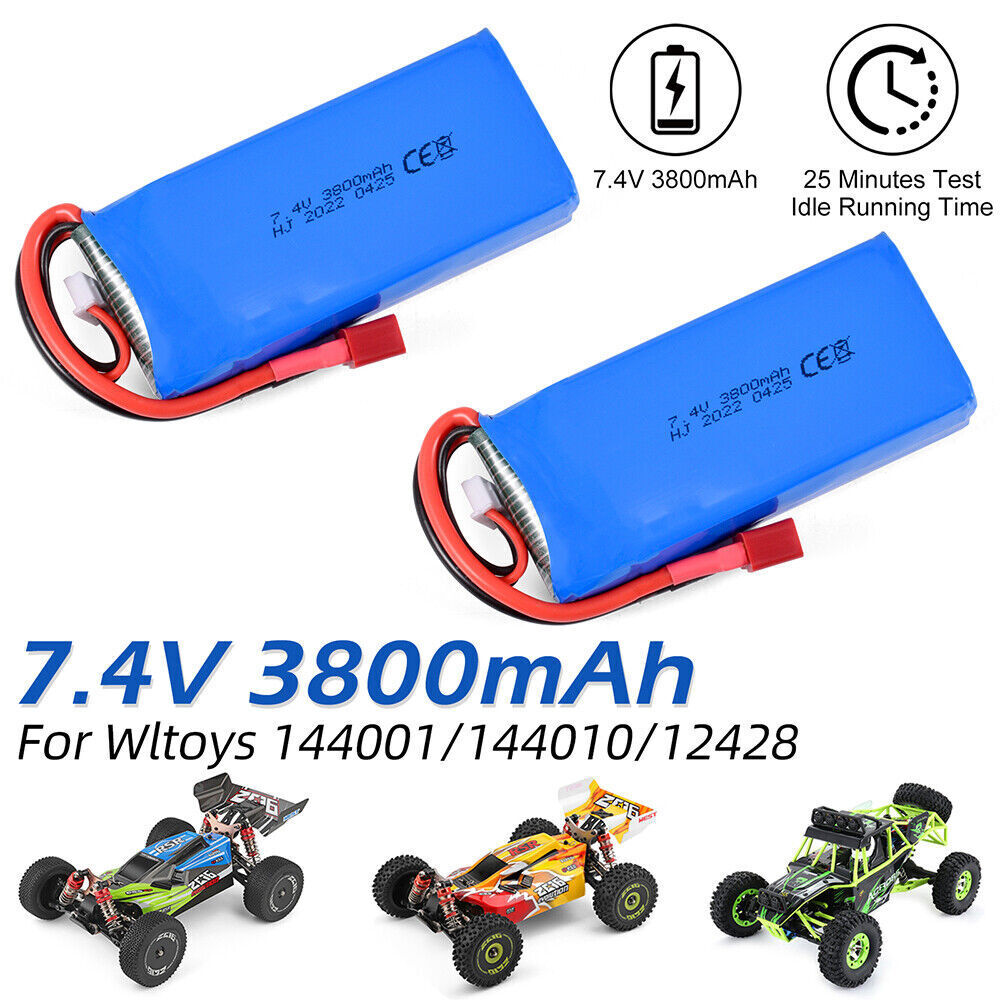 2 Stück 7,4V Batterie 3800mAh Lipo Akku T Stecker für WLtoys 114 144001 RC Auto