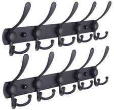 Wall Mounted Coat Rack, 5 Tri Hooks, Heavy Duty Metal, Black, 2-Pack