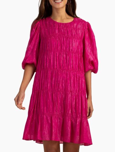 Trina Turk Silvery Mini Swing Dress In Fuschia Pink Puff Sleeve Women’s Size XL - Picture 1 of 8