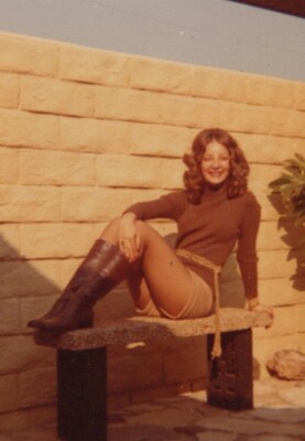 1970s Pretty Woman Pose Outdoor Wall Bench Boots Mini Skirt Smile Sexy