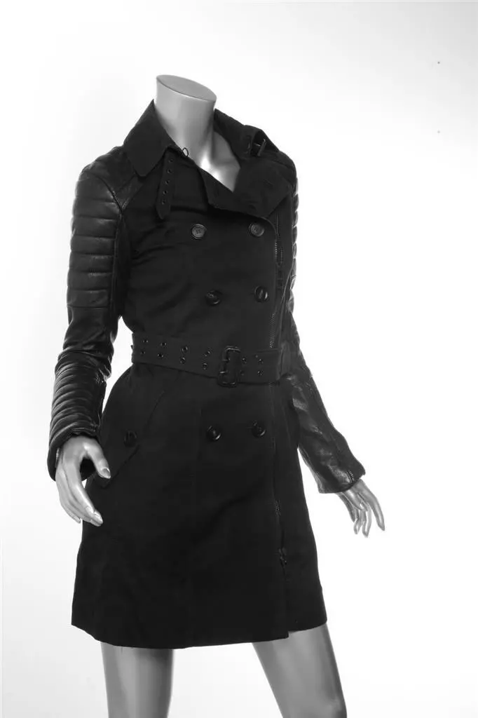 BURBERRY PRORSUM Womens Black Quilted Leather Sleeve Trench Coat