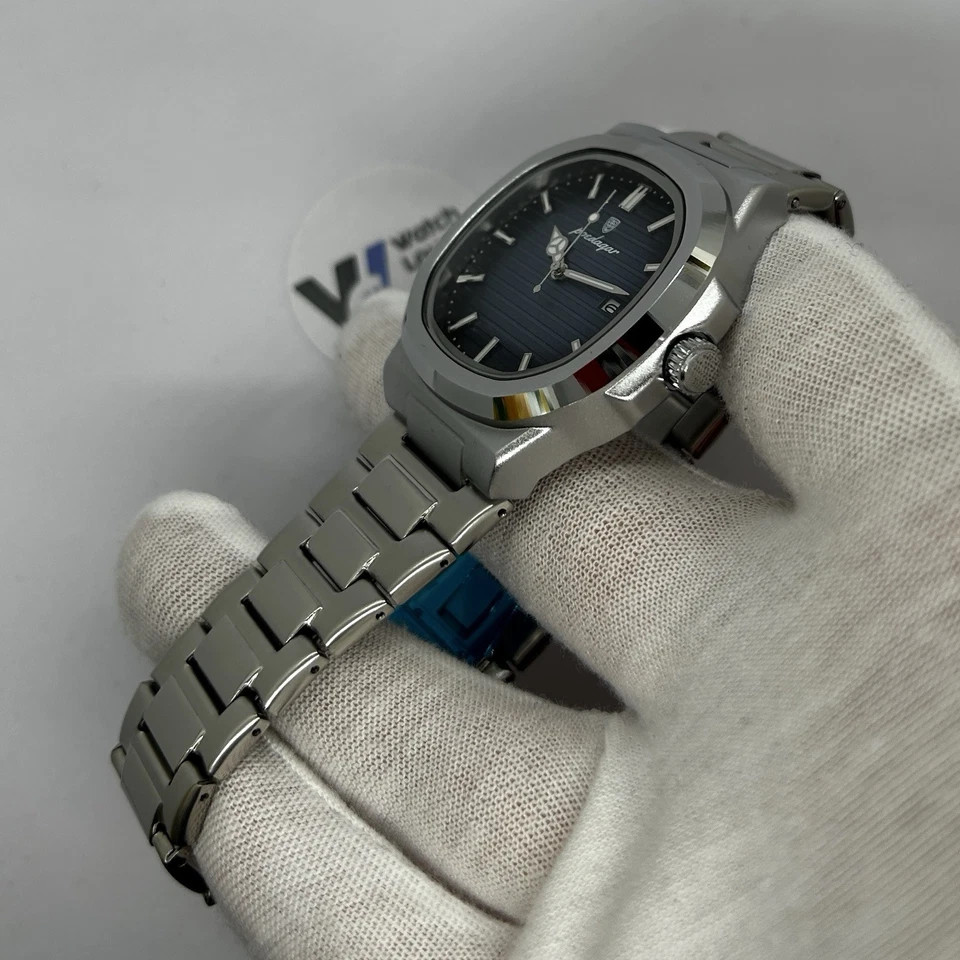 🔵 - Orologio Poedagar Quarzo Uomo Elegante Data Quadrante Quadrato Acciaio Blu - Immagine 4 di 4