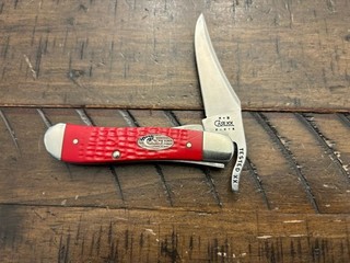 CASE XX RUSSLOCK KNIFE RED SYNTHETIC HANDLES USA FLAG SHIELD USED 2002