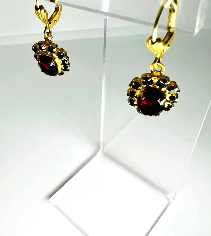 Elegante Vintage Granat-Ohrringe im böhmischen Stil vergoldet – Granate earrings - Bild 3 von 4