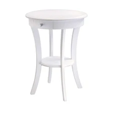 Sasha Round Accent Table with Drawer and Shelf, for Bedroom, Living Room, White