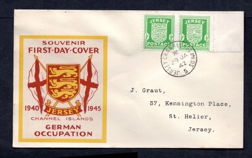 Jersey - 1942 WW2 Occupation First Day Cover - Post War Cinderella Label