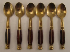 Vintage Small Demitasse Tea Spoons Brass Teak Inlaid Wood Thailand Set of 6