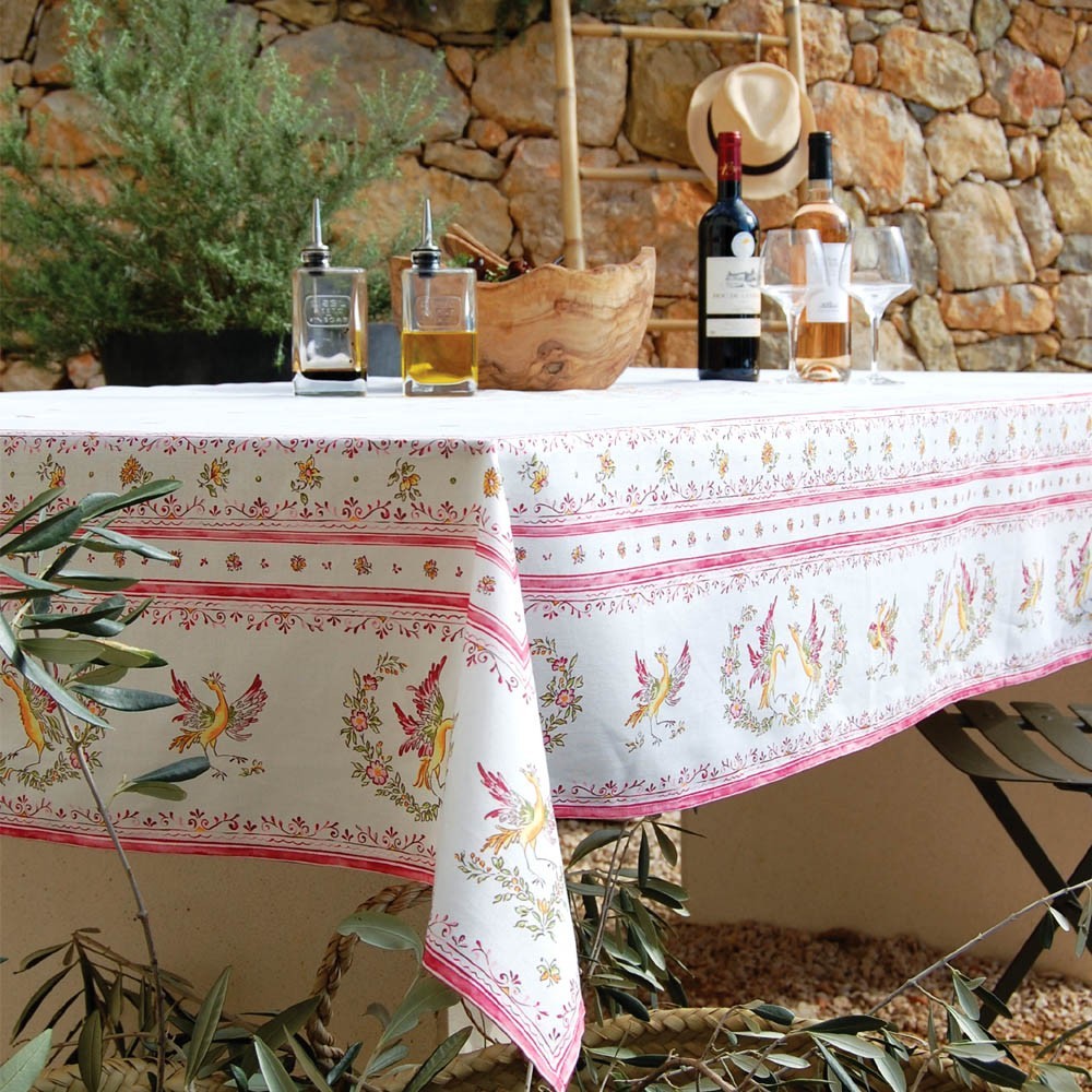 Nappe faïence de Moustiers rose antitache en coton plastifié 2m50