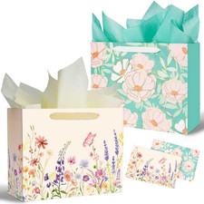 13" Large Gift Bag with Tissue Paper and Card Floral Design, Gold Foil Accents 