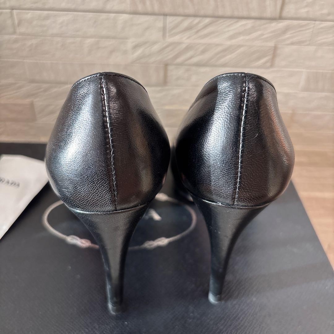 Rare PRADA CAPRETTO NERO Black Leather High Heels Size 35 Pointed Toe 9cm Heel image 2