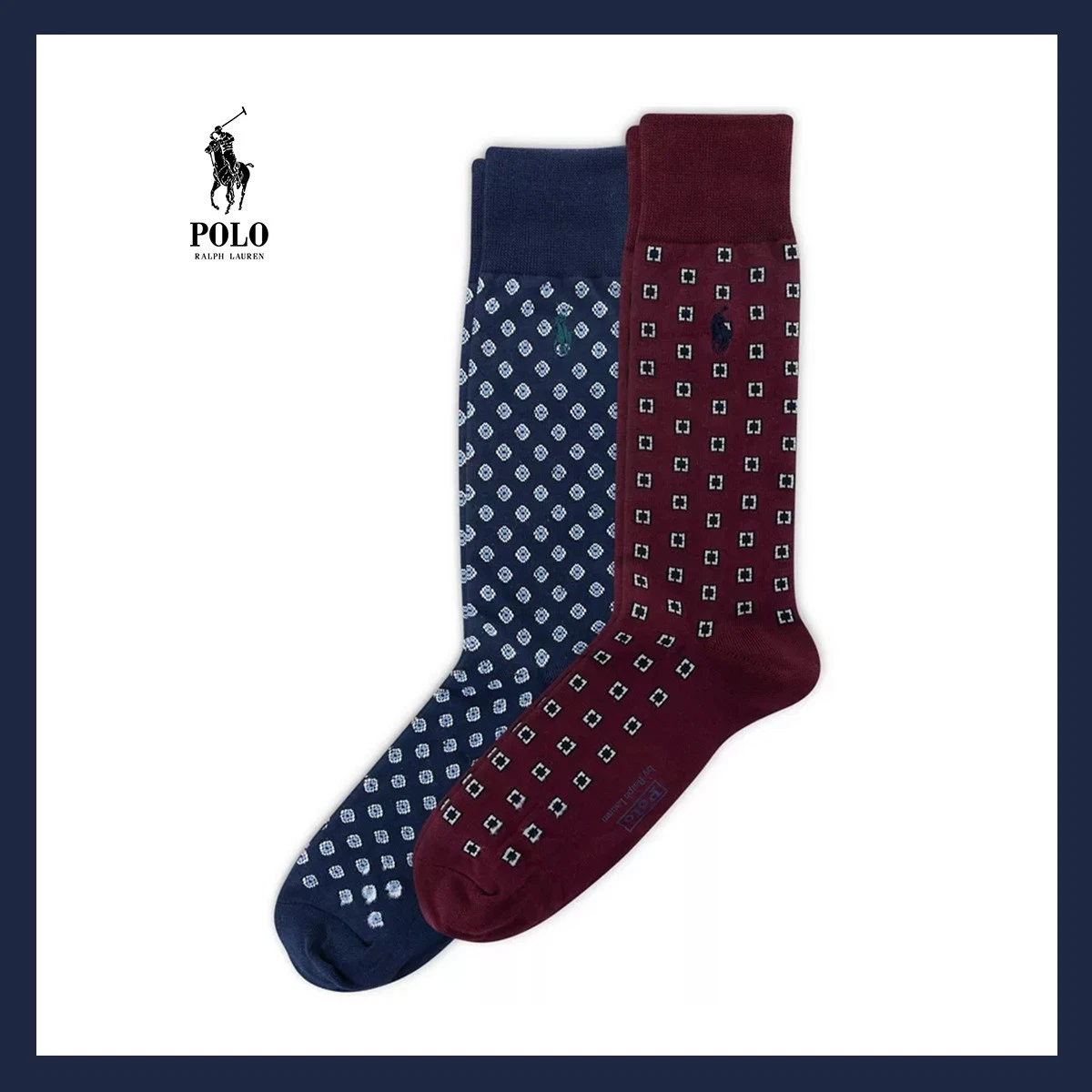 NWT Polo Ralph Lauren Mens 2-Pack Wine Blue Foulard Pattern Dress Socks Sz 10-13