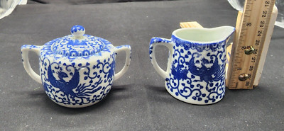 Phoenix Ware Cream & Sugar Blue & White Porcelain Japan Vintage