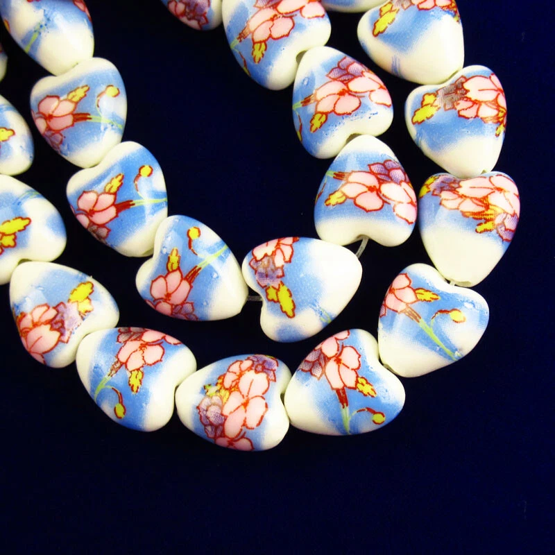 20Pcs 13x12x8mm Pink Blue Ceramic Porcelain Flower Heart Pendant Bead Y-680 - Image 3 of 4