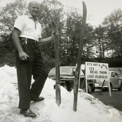 D4 Found Photograph 1950's Handsome Bald Man Skis Lake Placid New York Sign Snow