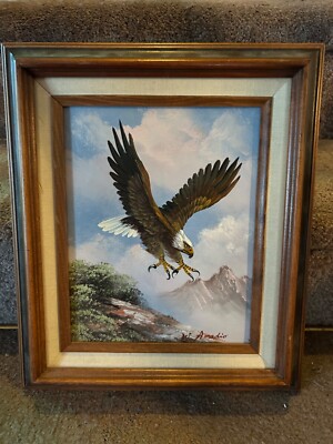 Vintage FLYING EAGLE ** Oil Painting on Canvas Picture & Frame Signed W. Amadio